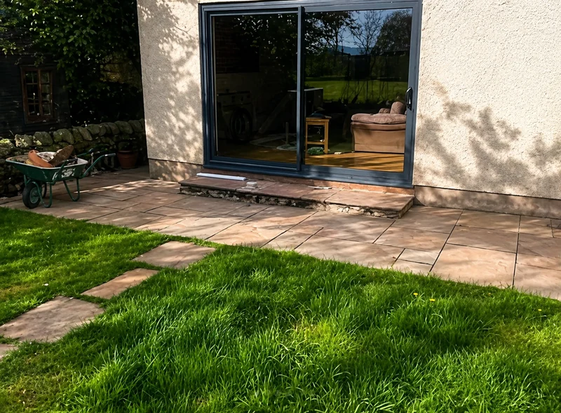 Paving and lawn outside patio doors
