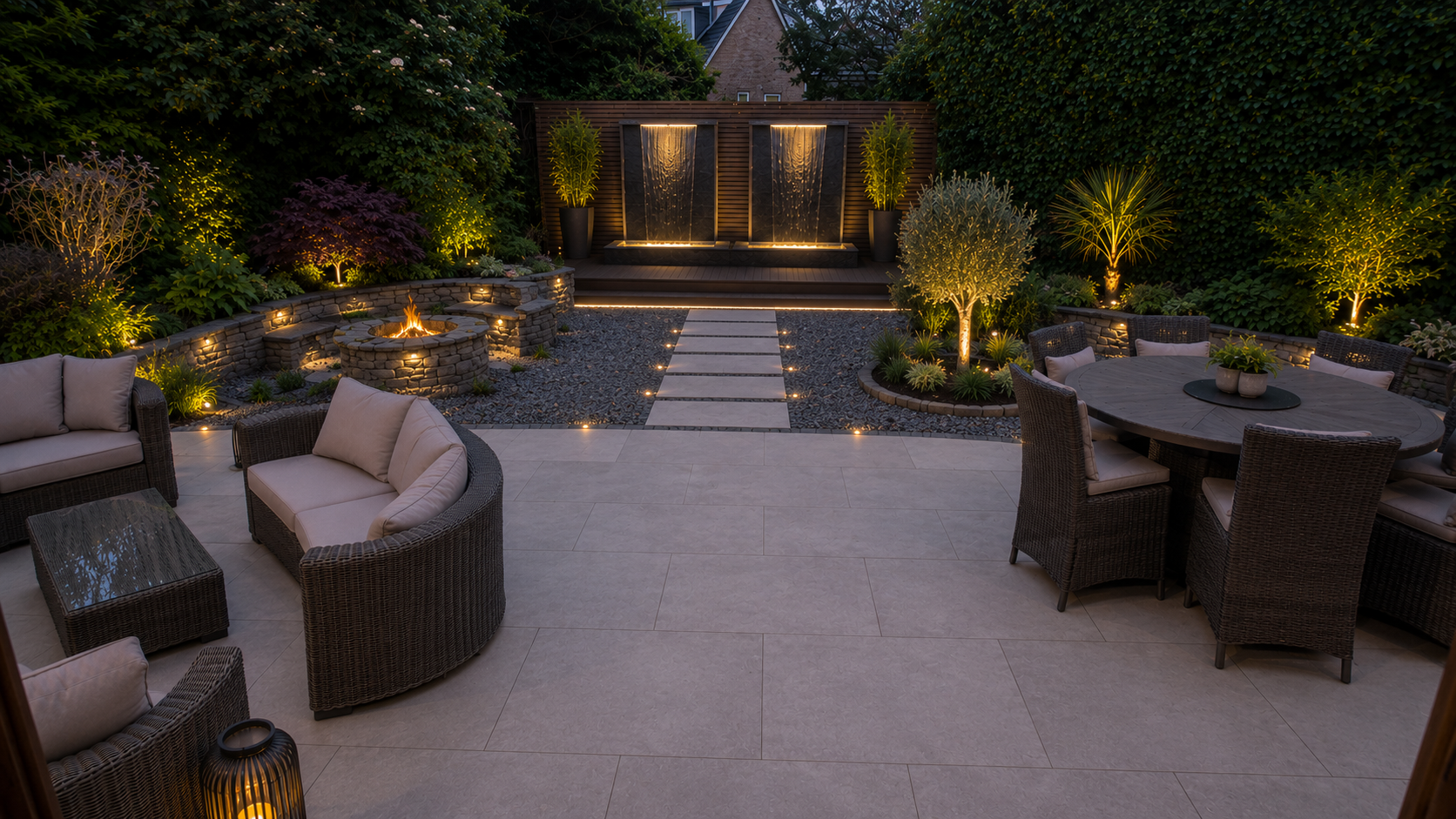 Garden visual concept showing lighting, water features, patio and outdoor seating